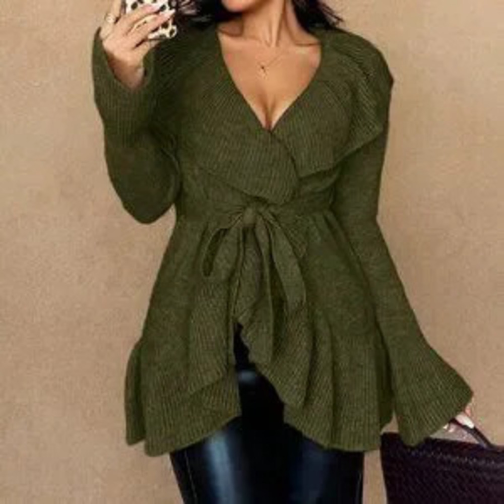 Army Green Casual Women's Elegant Minimalist Tie-Front Cardigan